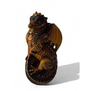 Windstone Editions Baby Dragon Figurine Amber Gold Blue Glass Eyes M Pena 5.25in